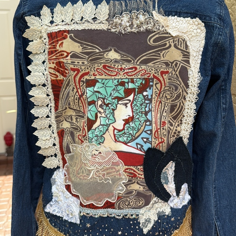 Embellished Upcycled Denim Jacket with Fringe Sz M